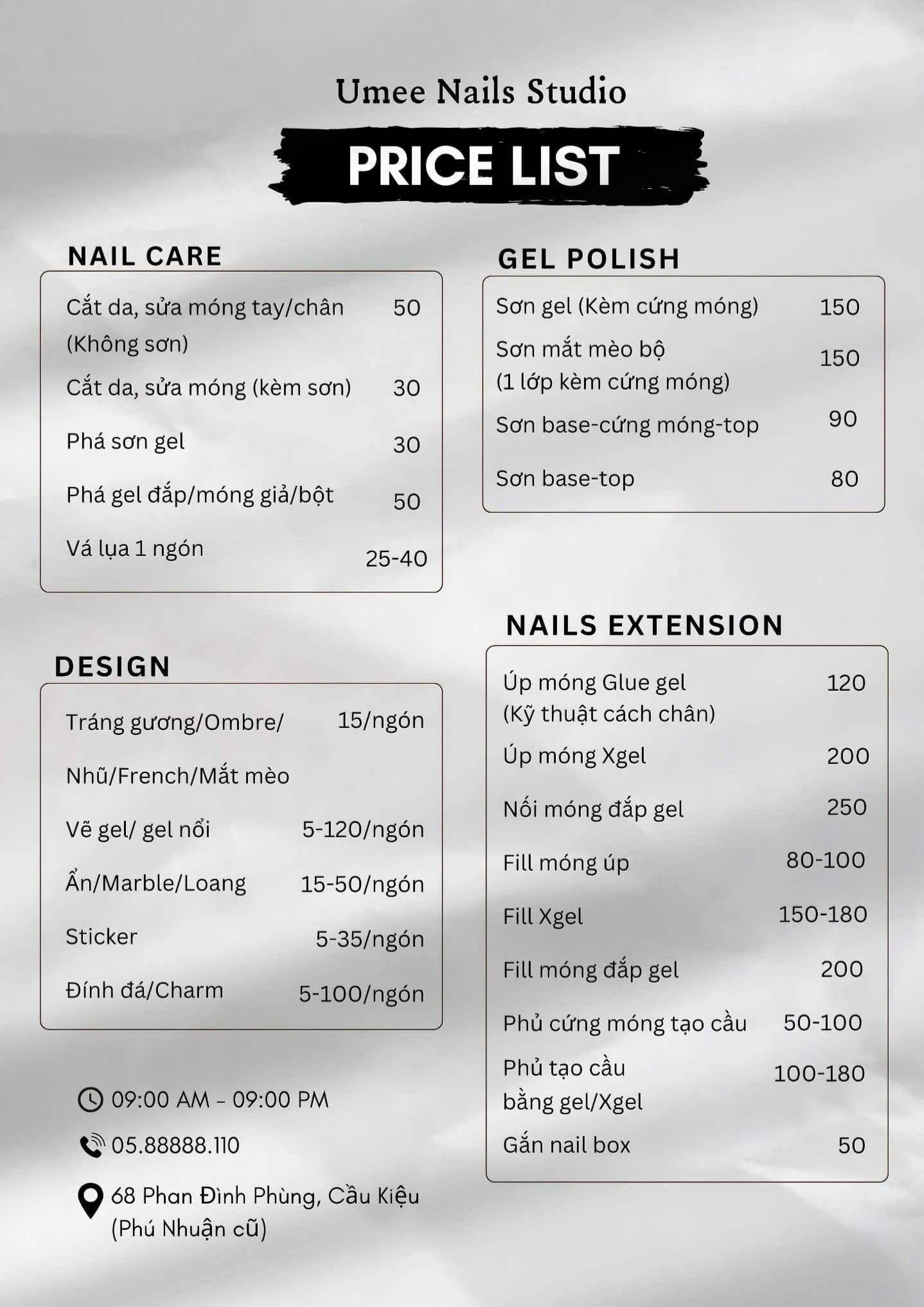 Bảng giá dịch vụ nail tại Umee Nails Studio Phú Nhuận